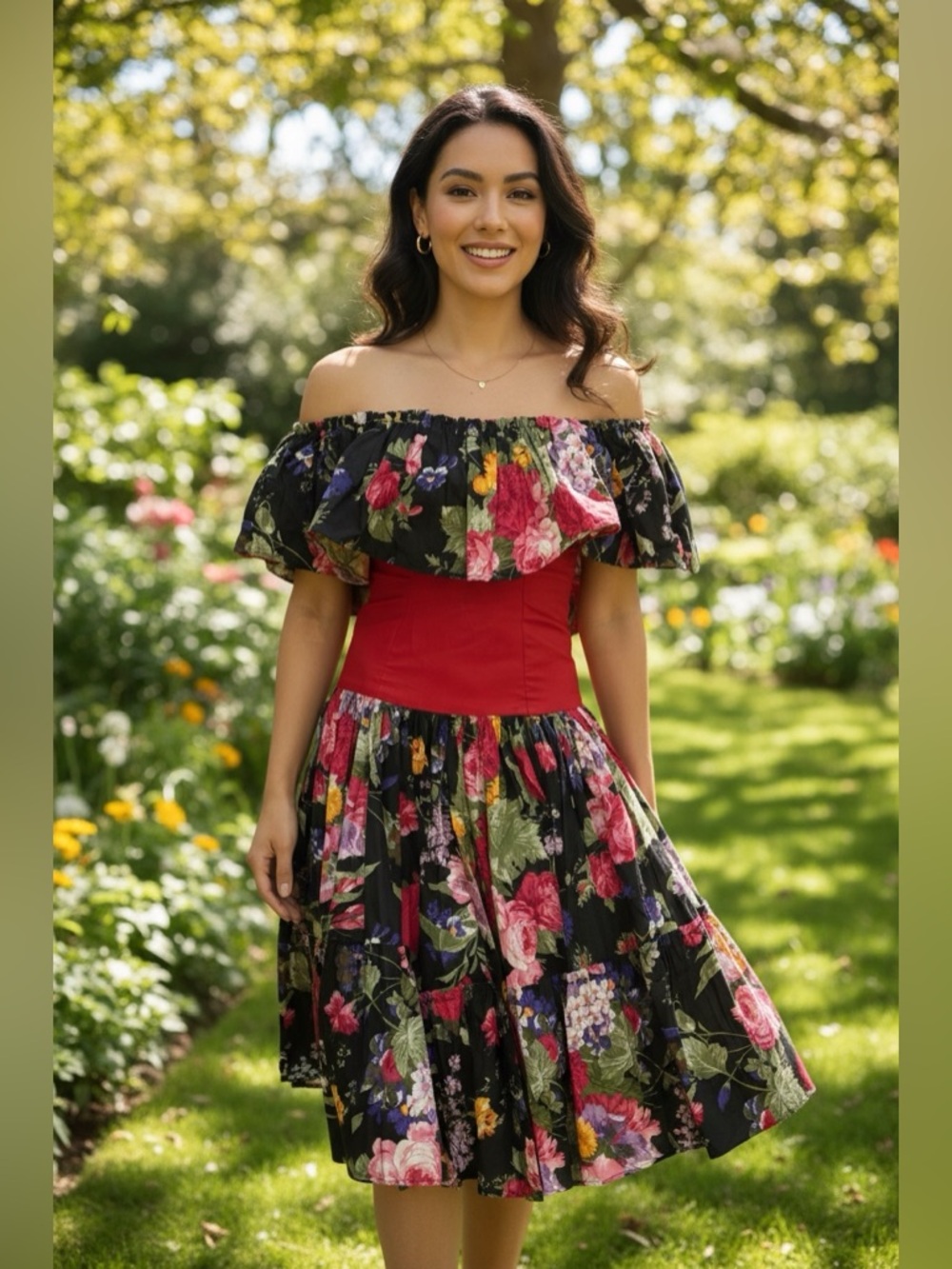 Vintage 80” floral off the shoulder Valley Girl  dress.
